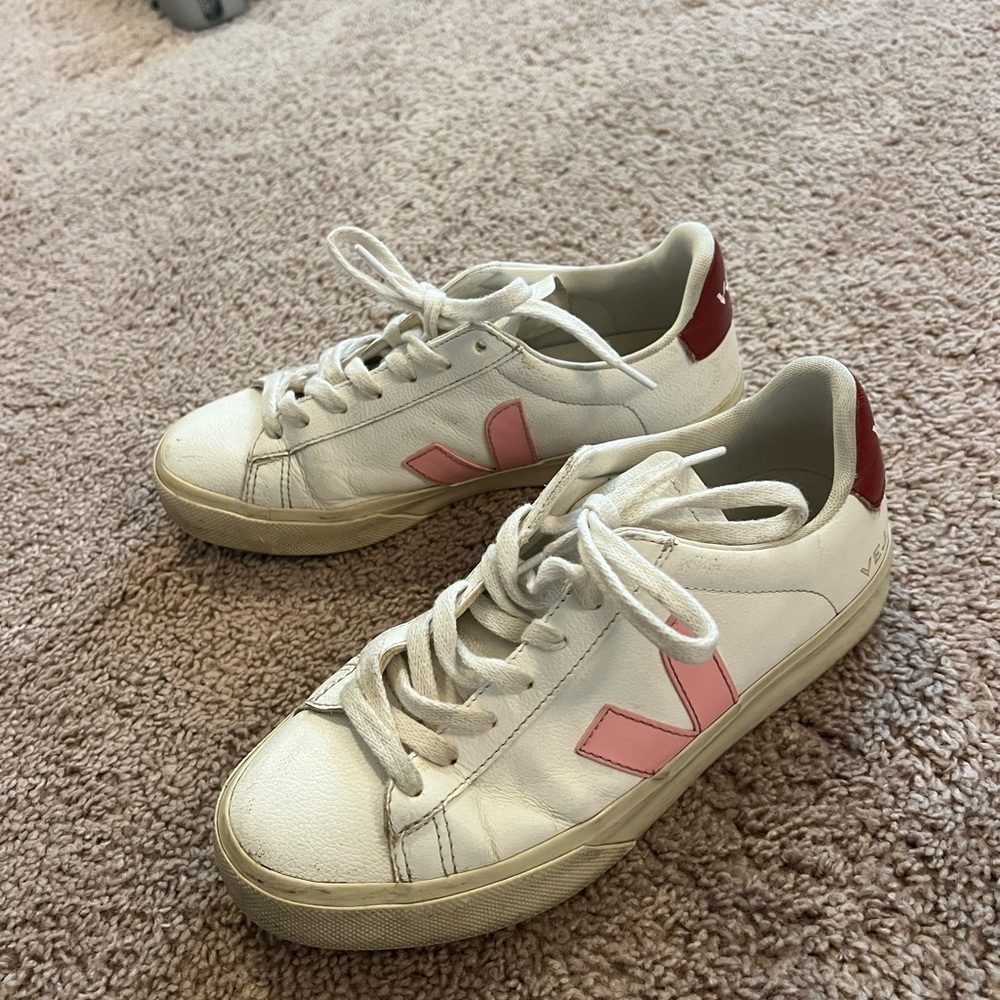 Veja White Sneakers with Pink V and Burgundy Heel Tab - Picture 4 of 7